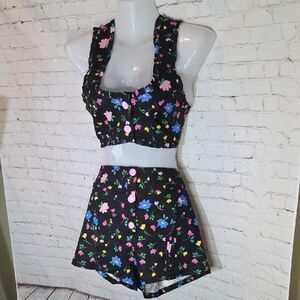 For Love And Lemons Black Floral Crop Top and Shorts Set